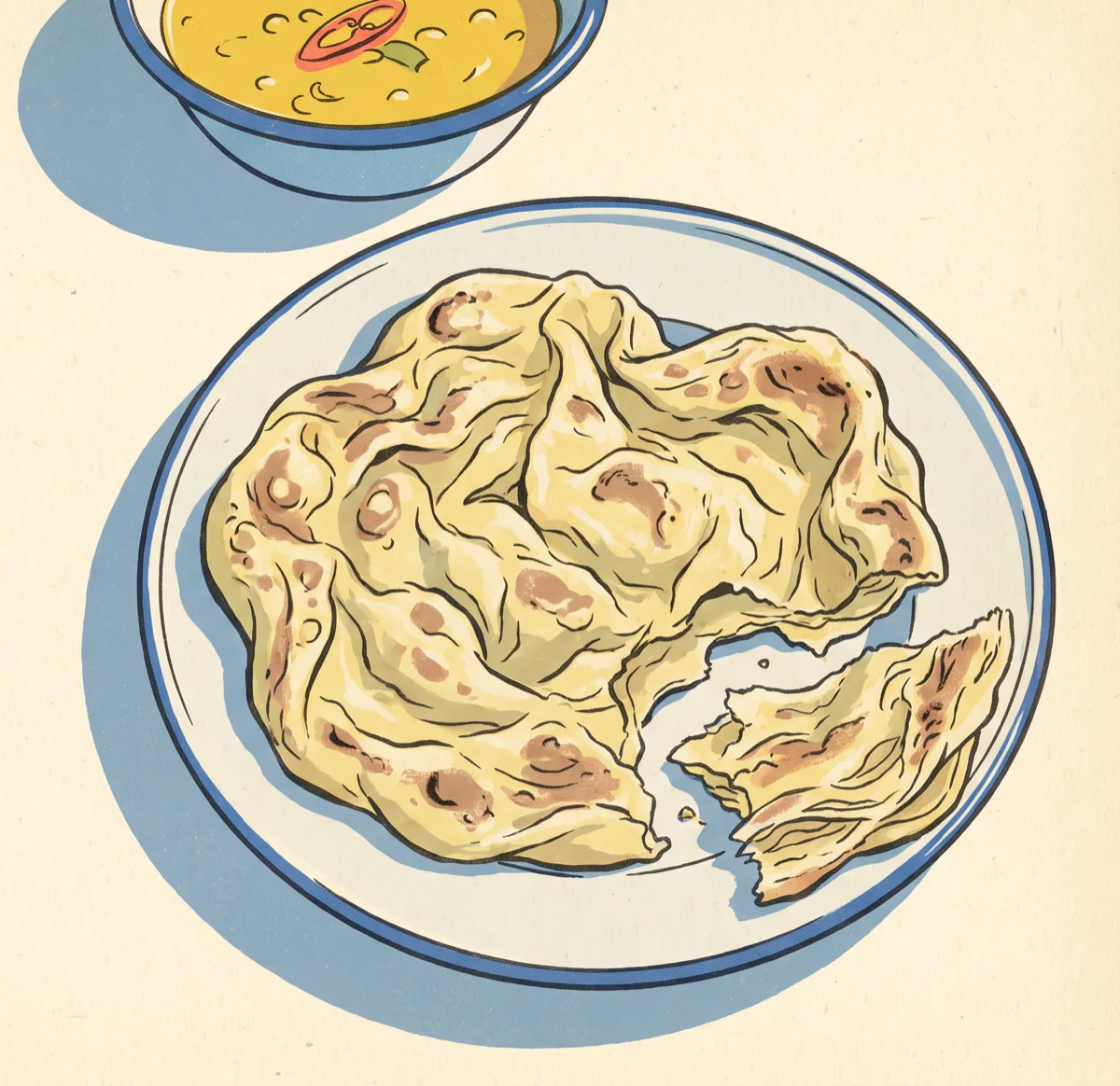A screen-printed illustration of a roti canai on a plate, its flaky layers rumpled, one piece torn off beside a bowl of dhal.